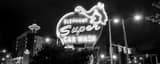 Panoramic Seattle Pink Elephant Car Wash landscape black and white Photography