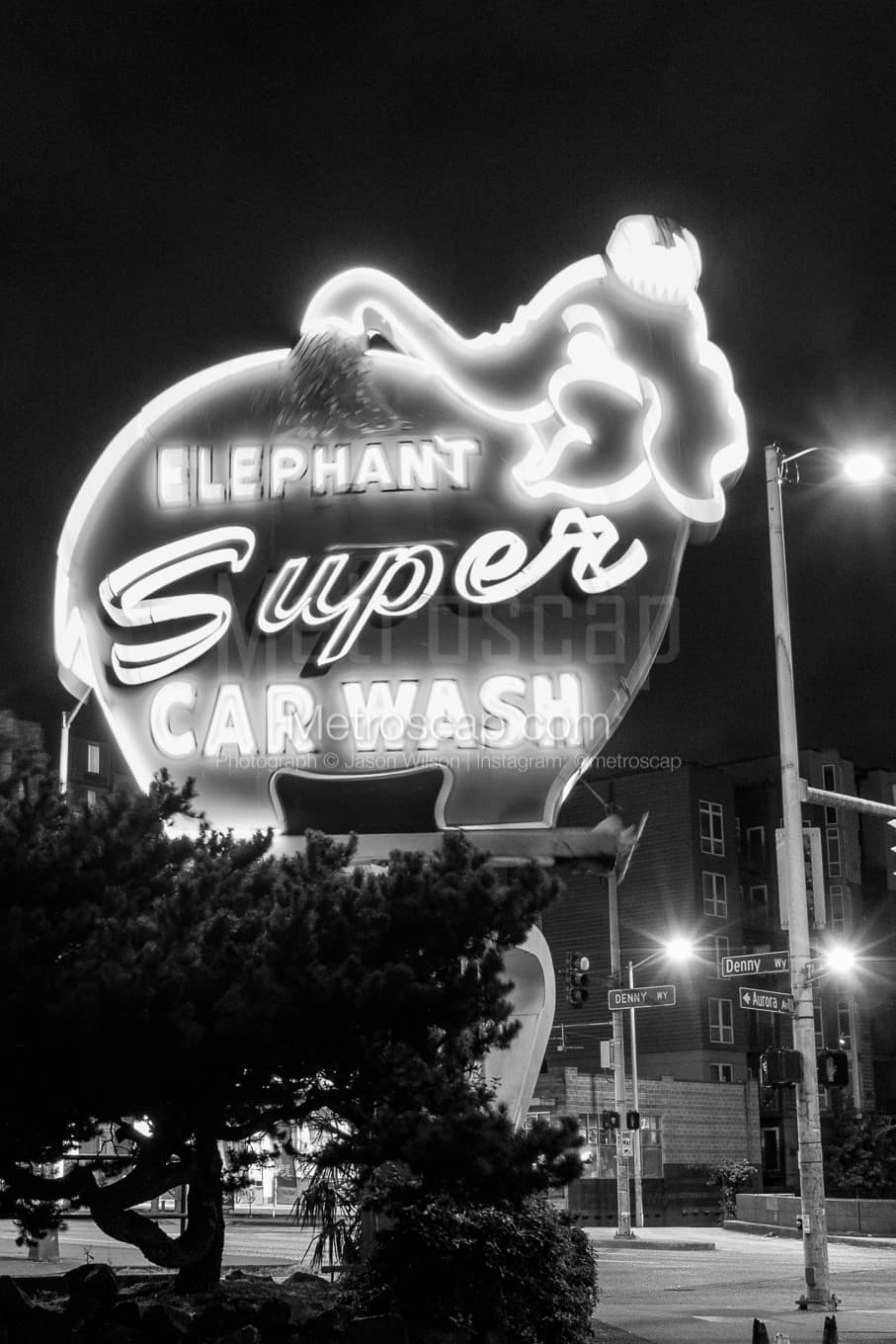 Seattle Pink Elephant Car Wash black and white Photography