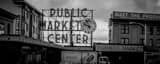 Panoramic The Public Market Center Sign at Pike and First landscape black and white Photography