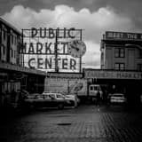 Square The Public Market Center Sign at Pike and First landscape black and white Photography
