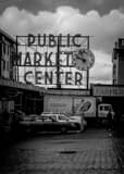 Vertical The Public Market Center Sign at Pike and First landscape black and white Photography