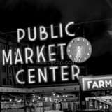 Square The Public Market Center Sign at Pike and First landscape black and white Photography