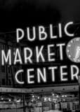 Vertical The Public Market Center Sign at Pike and First landscape black and white Photography