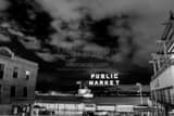 Horizontal The Seattle Public Market Sign at Night landscape black and white Photography