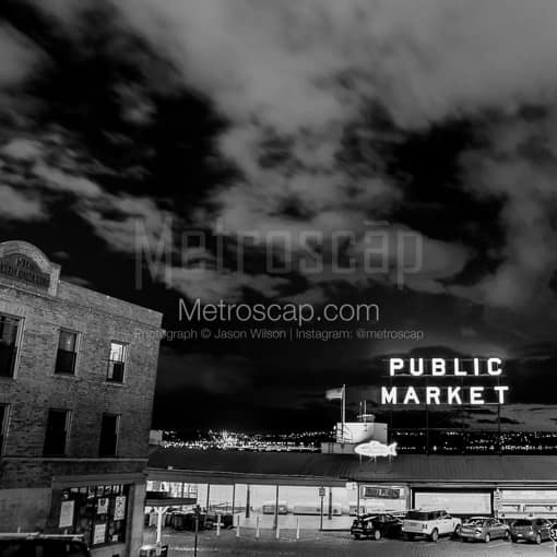 The Seattle Public Market Sign at Night -- Seattle Black and White Photography