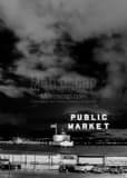 Vertical The Seattle Public Market Sign at Night landscape black and white Photography