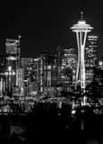 Vertical The Seattle Skyline at Night landscape black and white Photography