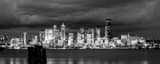 Panoramic The Seattle Skyline at Dusk from Elliot Bay landscape black and white Photography