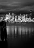 Vertical The Seattle Skyline at Dusk from Elliot Bay landscape black and white Photography