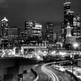 Square The Seattle Skyline over Alaskan Way landscape black and white Photography