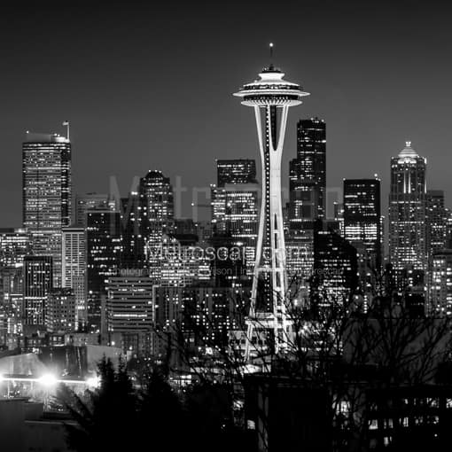 The Space Needle at Night -- Seattle Black and White Photography