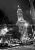 Vertical Smith Tower and Pioneer Square at Night landscape black and white Photography