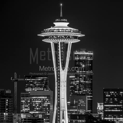 The Seattle Space Needle at Night -- Seattle Black and White Photography
