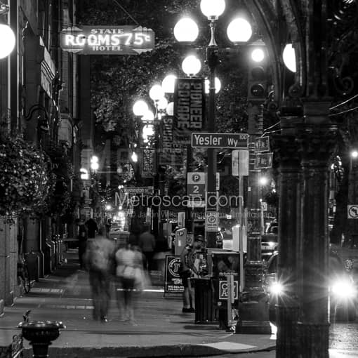 Yesler Way in Pioneer Square at Night -- Seattle Black and White Photography