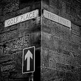 Square Golf Place at The Links behind 18 on the Old Course black and white Photography