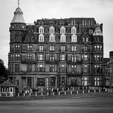Square The Hamilton Grand Hotel behind the 18th Green of the Old Course at St. Andrews black and white Photography