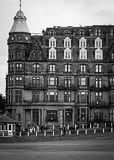Vertical The Hamilton Grand Hotel behind the 18th Green of the Old Course at St. Andrews black and white Photography