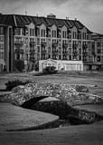 Vertical The Old Course Hotel and Swilcan Bridge black and white Photography