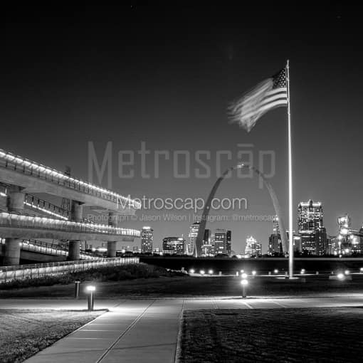 The American Flag Above the Gateway Arch -- St Louis Black and White Photos