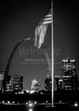 Vertical The American Flag and Gateway Arch at Night black and white Photos