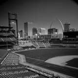 Square Busch Stadium and the St Louis Skyline Framed Photos