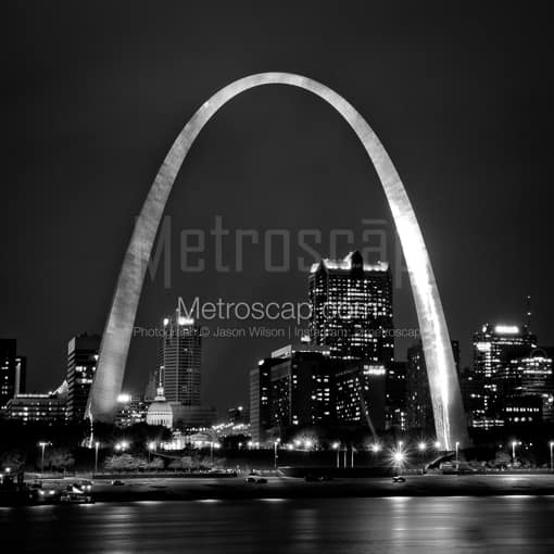 The Gateway Arch over St Louis at Night -- St Louis Black and White Photos