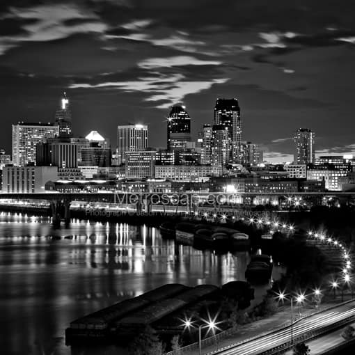 The St Paul Skyline at Night -- St Paul Black and White Photography