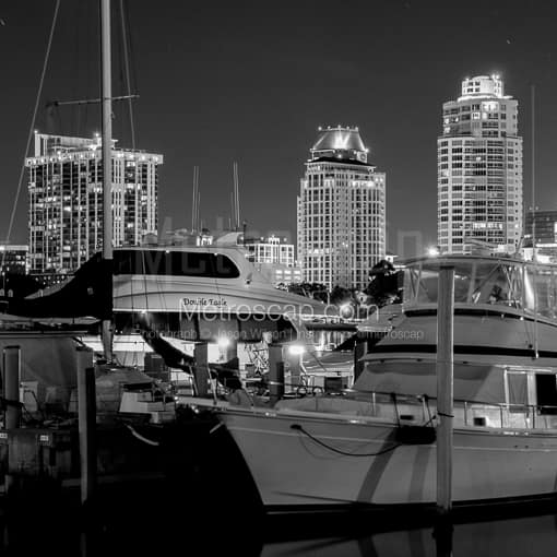 The St Pete Skyline and Marina at Night -- St Petersburg Black and White Photos