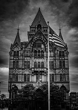 Vertical Syracuse Savings Bank Building black and white