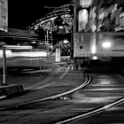 A Taxi and Street Car Converge on Channelside -- Tampa Black and White Photos