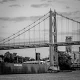 Square The Anthony Wayne Bridge and Cleveland-Cliffs Barge on the Maumee black and white Photos