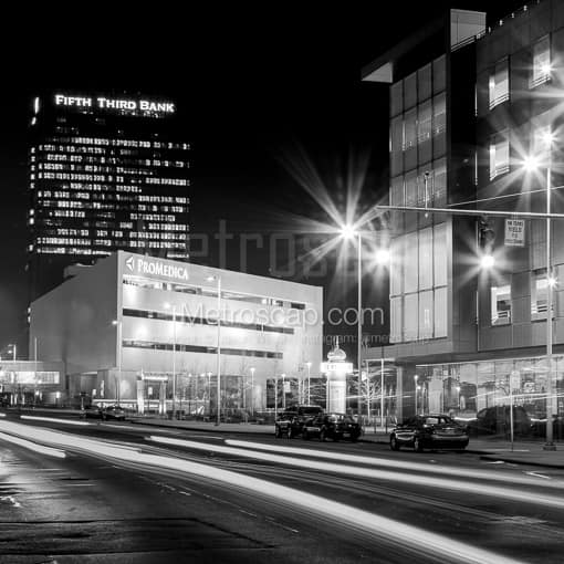 Toledo Black and White Photos of Summit Street Traffic at Levis Square at Night Summit Street Traffic at Levis Square at Night -- Toledo Black and White Photos