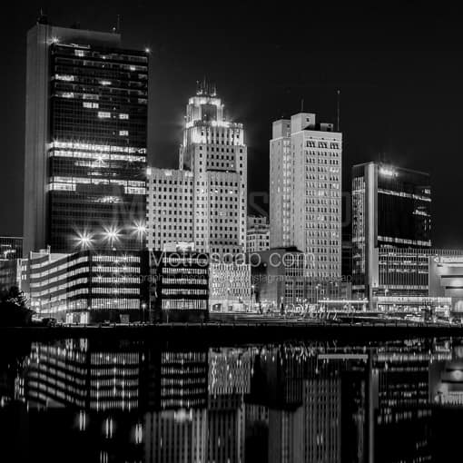 Toledo Black and White Photos of The Toledo Skyline at Night Reflecting into a Still Maumee River The Toledo Skyline at Night Reflecting into a Still Maumee River -- Toledo Black and White Photos