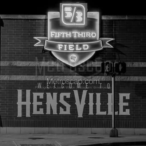 Toledo Black and White Photos of A Hensville Mural at Monroe and St. Claire at Night A Hensville Mural at Monroe and St. Claire at Night -- Toledo Black and White Photos