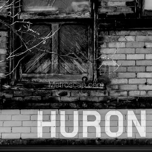 Toledo Black and White Photos of A Huron Street Sign Painted onto a Building in Downtown Toledo A Huron Street Sign Painted onto a Building in Downtown Toledo -- Toledo Black and White Photos