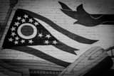 Horizontal An Ohio Flag in a Mural landscape black and white Photography