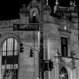 Square Blocking a Street Light with the Superior Street at the Toledo Blade Building black and white Pictures