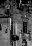 Vertical Blocking a Street Light with the Superior Street at the Toledo Blade Building black and white Pictures