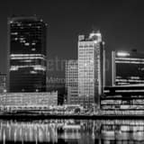 Square The Tower on the Maumee and Riverfront Apartments buildings at Night black and white Pictures