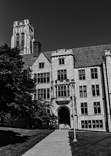 Vertical University Hall From Libby Hall black and white