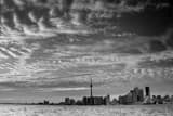 Horizontal The Toronto Skyline Under Whispy Clouds black and white Photography