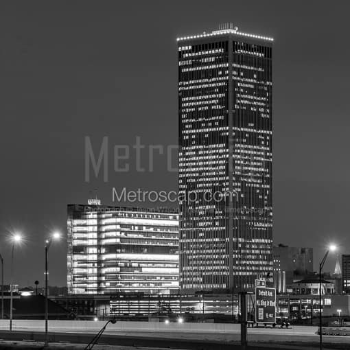 The BOK and Williams Tower at Night -- Tulsa Black and White Photos