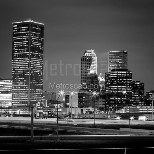 The Tulsa Oklahoma Skyline at Night -- Tulsa Black and White Photos