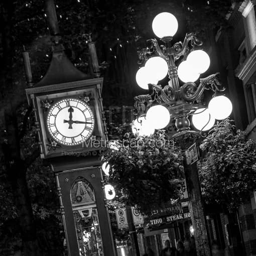 The Gastown Steam Clock at Night -- Vancouver Black and White Photos