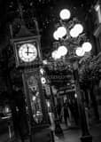 Vertical The Gastown Steam Clock at Night black and white Photos