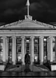 Vertical The US Treasury Department Building black and white Photos