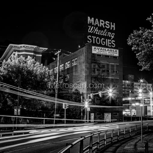 The Marsh Wheeling Stogies Building at Night -- Wheeling WV Black and White Photos