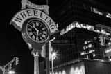 Horizontal The Welcome to Wheeling Clock at Night black and white Pictures