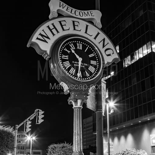 The Welcome to Wheeling Clock at Night -- Wheeling WV Black and White Photos