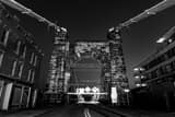 Horizontal Wheeling WV Suspension Bridge at Night landscape black and white Photography
